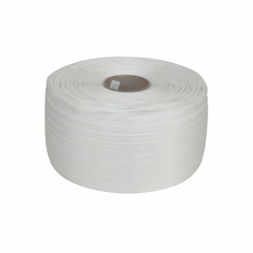 Viazacie pásky PES biele pozdlžne lepené a priečne pletené vlákna pevnosť 2300kg, dutinka + potlač 76/139 32mm x 250m